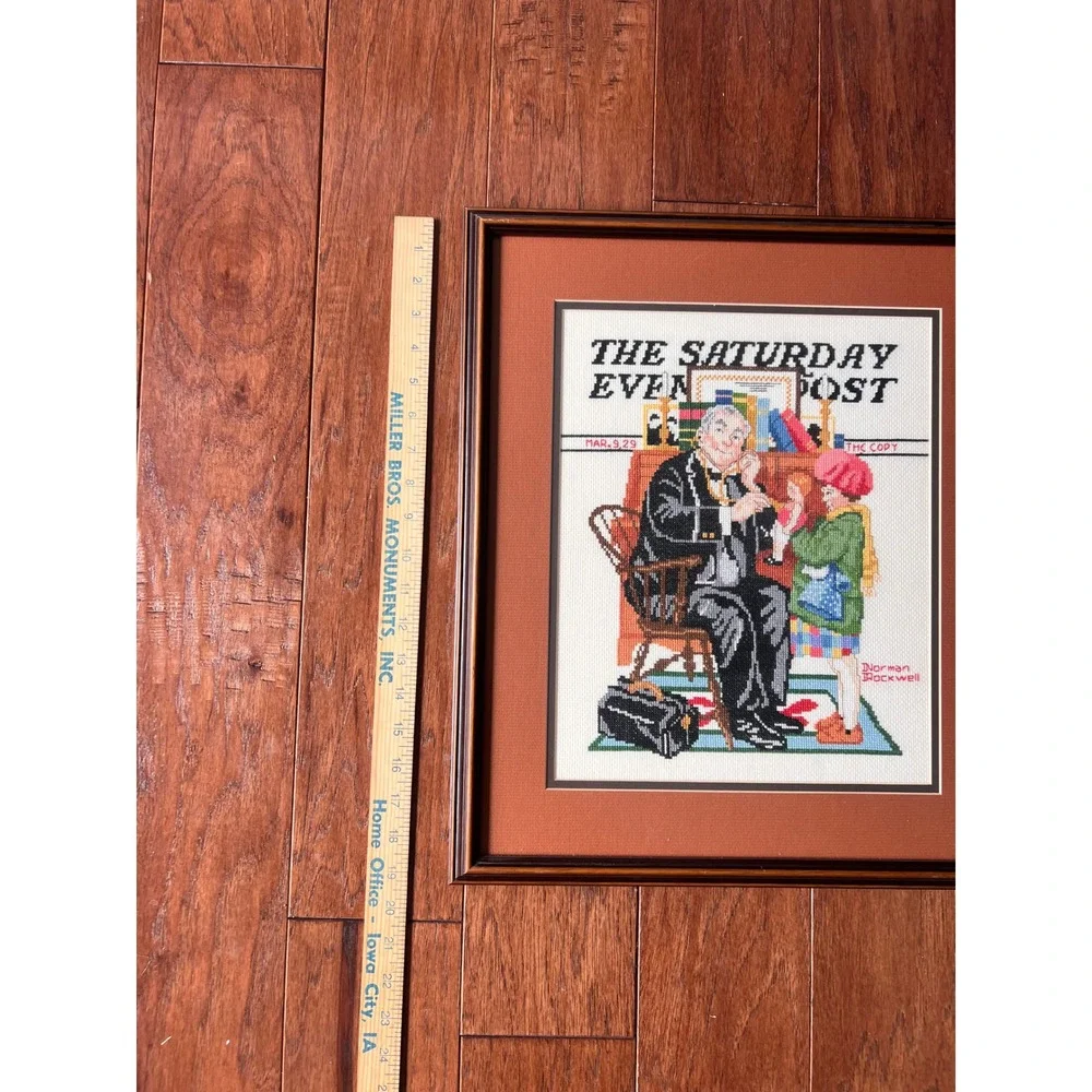 Norman Rockwell Saturday Evening Post Doctor and Doll Framed Cross Stitch Art